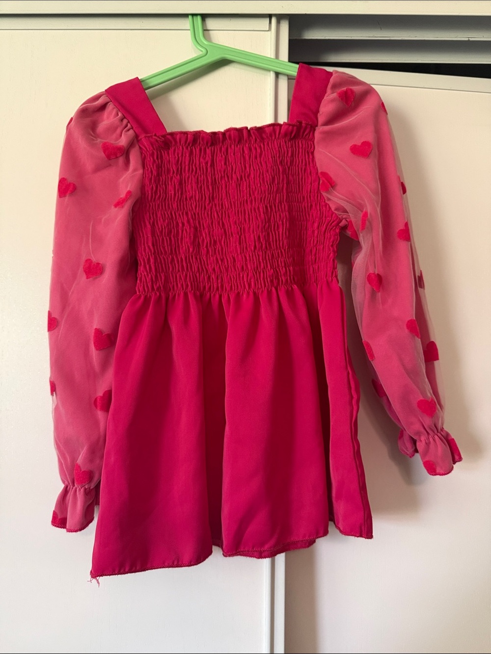 Pink Heart Mesh Sleeve Smocked Top
